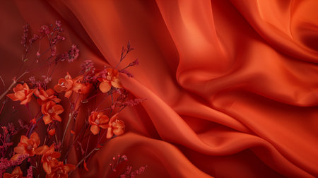 Delicate flowers on cooper satin fabric background, card, invitation. Romantic design. Copy spaceの写真素材