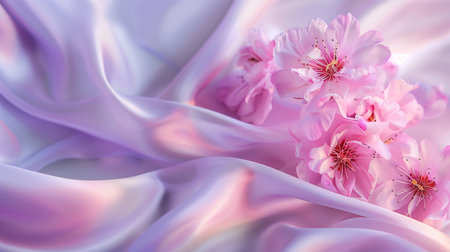 Delicate flowers on mauve satin fabric background, card, invitation. Romantic design. Copy spaceの写真素材