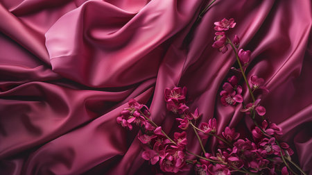 Delicate flowers on magenta satin fabric background, card, invitation. Romantic design. Copy space