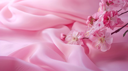 Delicate flowers on pink satin fabric background, card, invitation. Romantic design. Copy spaceの写真素材