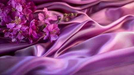Delicate flowers on purple satin fabric background, card, invitation. Romantic design. Copy spaceの写真素材