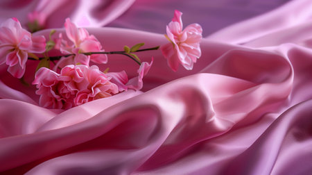 Delicate flowers on purple satin fabric background, card, invitation. Romantic design. Copy spaceの写真素材