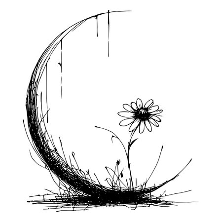 Vector hand drawn sketch of chamomile in the moon.のイラスト素材