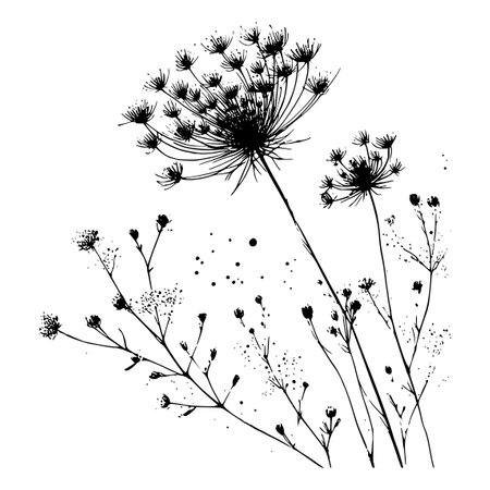 Set of black silhouettes of dill flowers. Hand drawn vector illustration.のイラスト素材