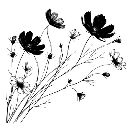 Vector set of hand drawn cosmos flowers. Black and white illustration.のイラスト素材