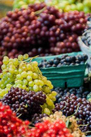 fruit stand with white and black grapesの写真素材