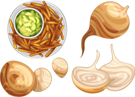 jicama fruit, Fried pieces of jicama with spices and guacamole sauceのイラスト素材