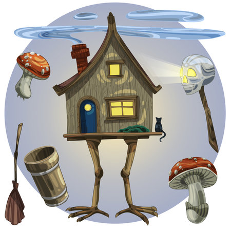 A set of objects of Slavic mythology, Baba Yaga's hut on chicken legs, a skull with glowing eye sockets, fly agaric mushroomsのイラスト素材
