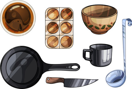A set of items for cooking. Frying pan, plates, ladle and mugのイラスト素材