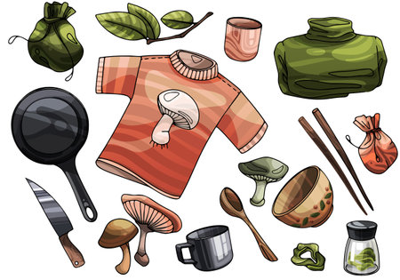 A set of cozy items for a hike. Sweaters, dishes, spices, natural attributes and mushroomsのイラスト素材