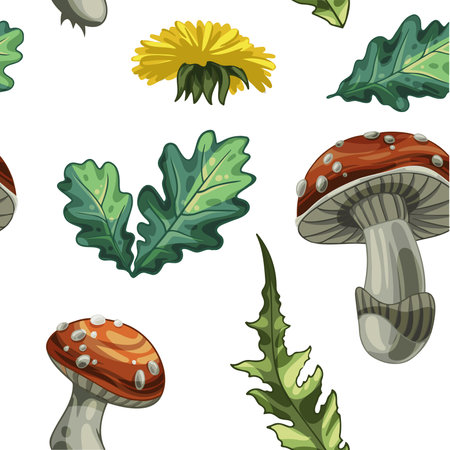 A pattern of wild mushrooms, leaves and flowersのイラスト素材
