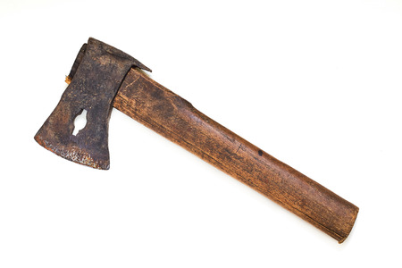 Old rustic axe with wooden handle isolated on white backgroundの写真素材