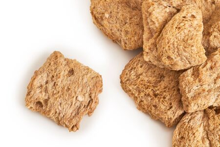 Raw dehydrated soy meat on white background. Top view with copy spaceの写真素材
