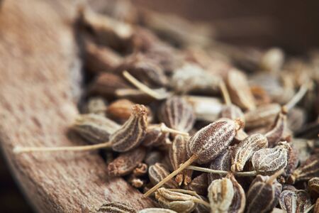 Close-up of dried anise seed (aniseed) in wooden bowlの写真素材