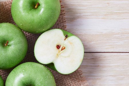 Fresh Granny smith green apples. Top view with copy spaceの写真素材