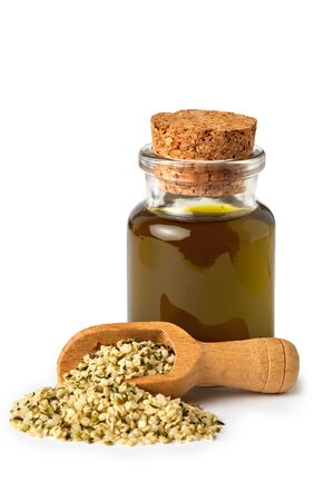 Organic hemp seeds and hemp oil isolated on white backgroundの写真素材