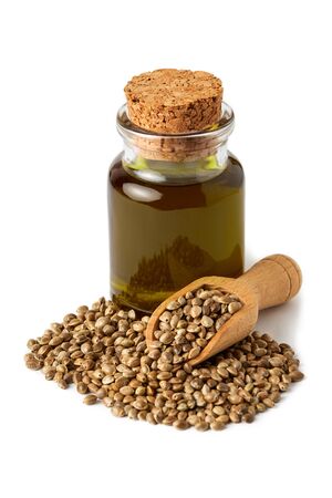Organic hemp seeds and hemp oil isolated on white backgroundの写真素材