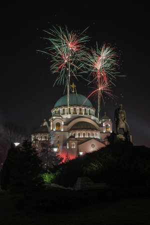 Belgrade, Serbia - January 14, 2015: Belgrade, Serbia, Europe - January 14, 2015: Orthodox New years eve celebration with fireworks over the Church of Saint Sava at midnight in Belgrade, Serbia on January 14, 2015のeditorial素材