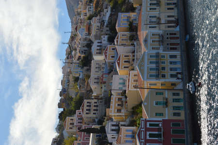 Aerial view of the colorful houses on the coast of the Mediterranean Sea in Italy