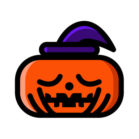 Jack o Lantern. Black contour for coloring in doodle style, color flat drawing. Traditional decoration symbol of holiday. Vector simple sleeping Halloween pumpkin isolated.のイラスト素材