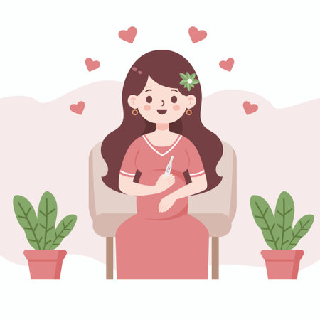 Scene with a happy woman holding a pregnancy test sitting on the chair. Positive pregnancy test, two lines. Motherhood. Vector flat illustration.のイラスト素材
