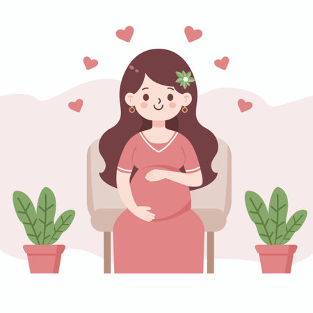 Beautiful young pregnant woman sitting on the chair vector illustration. Concept of pregnancy and motherhood. Flat design on white background.のイラスト素材