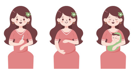 Stages of pregnancy - conception of a child, a pregnant woman sitting position, pregnancy and newborn. Healthy happy pregnancy and motherhood. Vector flat illustration.のイラスト素材