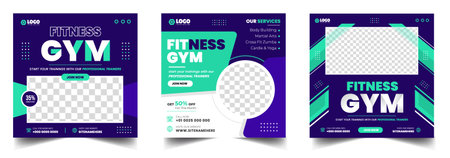 Fitness gym social media post banner template with blue and white color, gym, Workout, fitness and Sports social media post banner, fitness gym social media post banner design.のイラスト素材