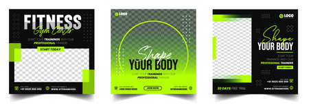 Fitness gym social media post banner template with black and green color, gym, Workout, fitness and Sports social media post banner, fitness gym social media post banner design.のイラスト素材