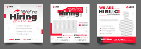 We are hiring job vacancy social media post banner design template with red color. We are hiring job vacancy square web banner design.のイラスト素材