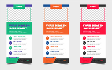 medical doctor healthcare modern rack card and dl flyer. medical doctor healthcare roll up banner design template with blue, green, yellow and red color.のイラスト素材