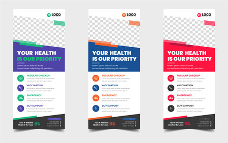 medical doctor healthcare modern rack card and dl flyer. medical doctor healthcare roll up banner design template with blue, green, yellow and red color.のイラスト素材