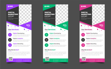 digital marketing corporate business roll up banner or stand banner design template with purple, green, red color. digital marketing corporate business modern rack card and dl flyeのイラスト素材