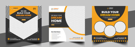 Construction social media post banner design Template with yellow color, corporate construction tools social media post design, home improvement banner template, home repair socialのイラスト素材