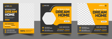 Construction social media post banner design Template with yellow color, corporate construction tools social media post design, home improvement banner template, home repair socialのイラスト素材