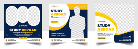 Study abroad social media post banner design. higher education social media post banner design set. Study abroad promotion banner. Study abroad template for social media ad.のイラスト素材