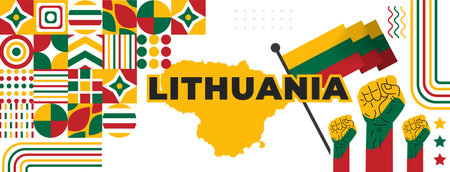 Lithuania national day banner with map, flag colors theme background and geometric abstract retro modern red, green and yellow color design template. Lithuania independence day bacのイラスト素材