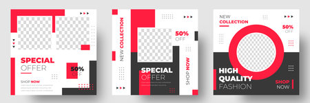 New Set of Editable minimal square banner template. Vector illustration with photo college. fashion sale social media post banner design template with red color. discount, fashionのイラスト素材