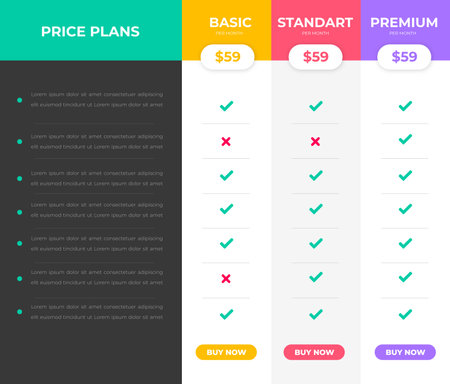 pricing table and pricing chart Price list vector template for web or app. Ui UX design tables with tariffs, subscription and business plans. Comparison business web plansのイラスト素材