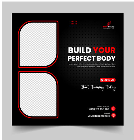 Fitness gym social media post banner template with black and red color, gym, Workout, fitness and Sports social media post banner, fitness gym social media post banner design.のイラスト素材
