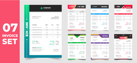 set of 07 Mega collection corporate modern minimal Business invoice form template. Invoicing quotes, money bill, Tax form, payment receipt, price invoices and payment agreementのイラスト素材