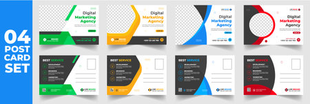 set of 07 Mega collection corporate business postcard template design set with blue, yellow, red and green color. digital marketing agency postcard, business marketing postcard setのイラスト素材