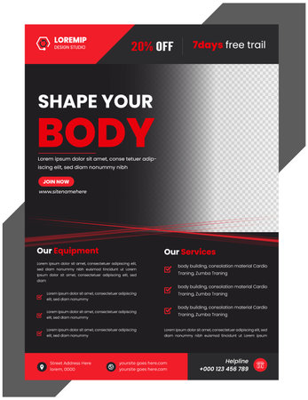 Fitness gym flyer template with black, red and green color, gym, Workout, fitness and Sports flyer. fitness gym business flyer design with unique shape.のイラスト素材