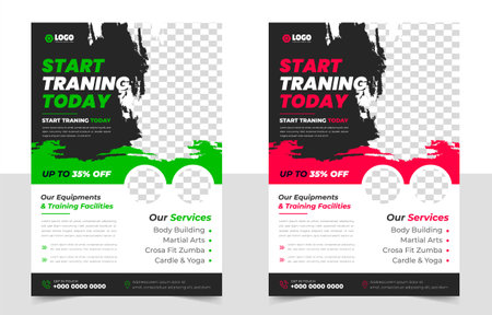 Fitness gym flyer template with black, red and green color, gym, Workout, fitness and Sports flyer. fitness gym business flyer design with unique shape.のイラスト素材