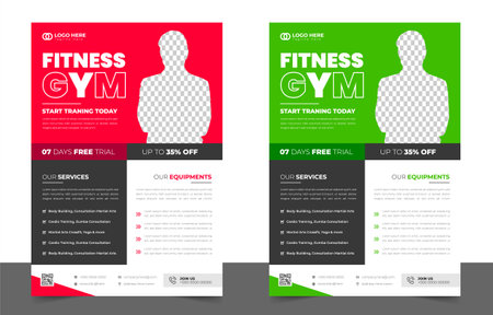 Fitness gym flyer template with black, red and green color, gym, Workout, fitness and Sports flyer. fitness gym business flyer design with unique shape.のイラスト素材