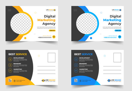 Corporate business postcard template design set with blue, yellow, red and green color. digital marketing agency postcard, business marketing postcard set, vector illustration.のイラスト素材