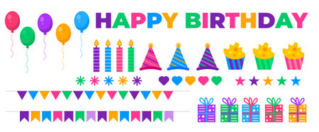 Set of vector birthday party elements. happy birthday vector set design template. happy birthday text, balloon, candle light, birthday cake, gift box vector design set.のイラスト素材