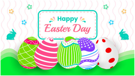 happy Easter day background. Easter Day Poster or banner template with Colorful Painted Easter Eggs design. 17 April happy  Easter day eggs with different texture design template.のイラスト素材
