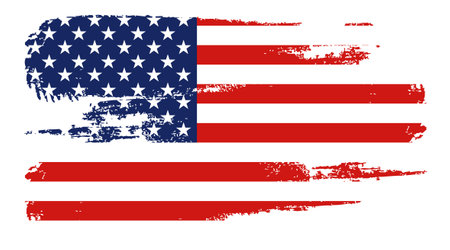Flag of the United States of America, brush background. USA flag brush vector.  Happy 4th of July USA Independence Day greeting card. Lettering and American flag grunge brush paintのイラスト素材