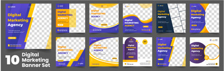 Big bundle mega collection set of 10 Item digital marketing social media post banner template. clean minimal editable square digital marketing web banner or business marketing post banner big set.のイラスト素材